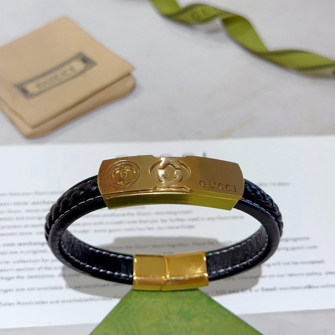 Gucci Braided Black Leather Gold GG Bracelet