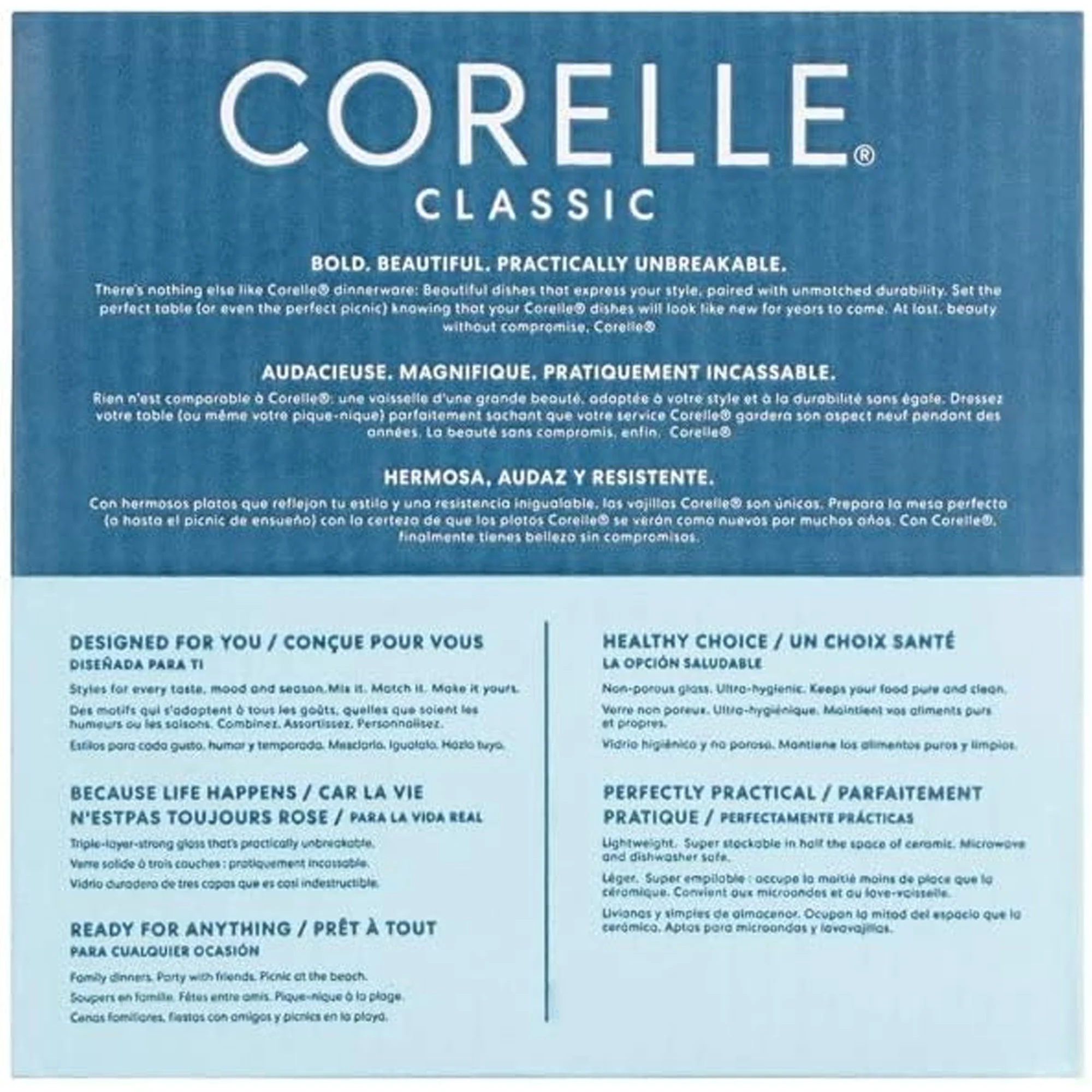 Corelle Classic Lia 12-Piece Chips & Cracks Resistant Dinnerware Set, Service for 4, White-Blue