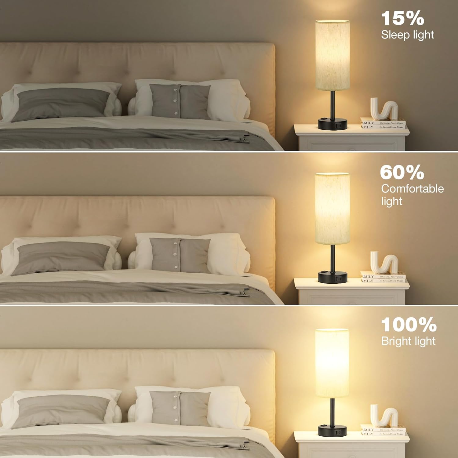 Bedside Table Lamp for Bedroom - 3 Way Dimmable Touch Lamp USB C Charging Ports and AC Outlet, Small Lamp Wood Base Round Flaxen Fabric Shade for Living Room, Desk, LED Bulb Included