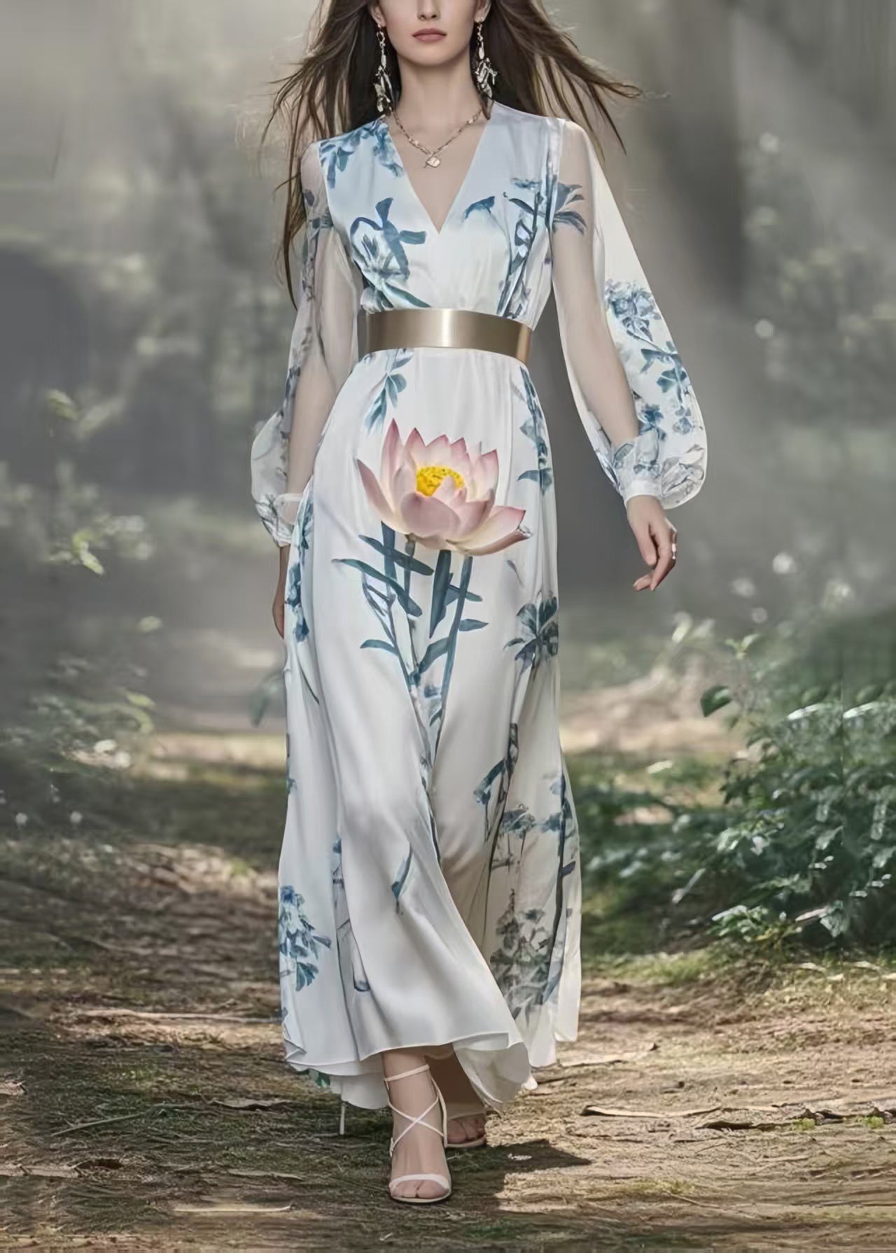 Plus Size White Cinched Lotus Print Silk Holiday Dress Spring