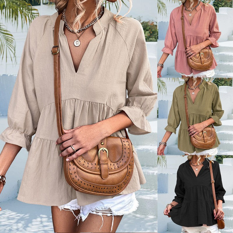 Women's Pleated V-Neck Loose-Fit Short Top