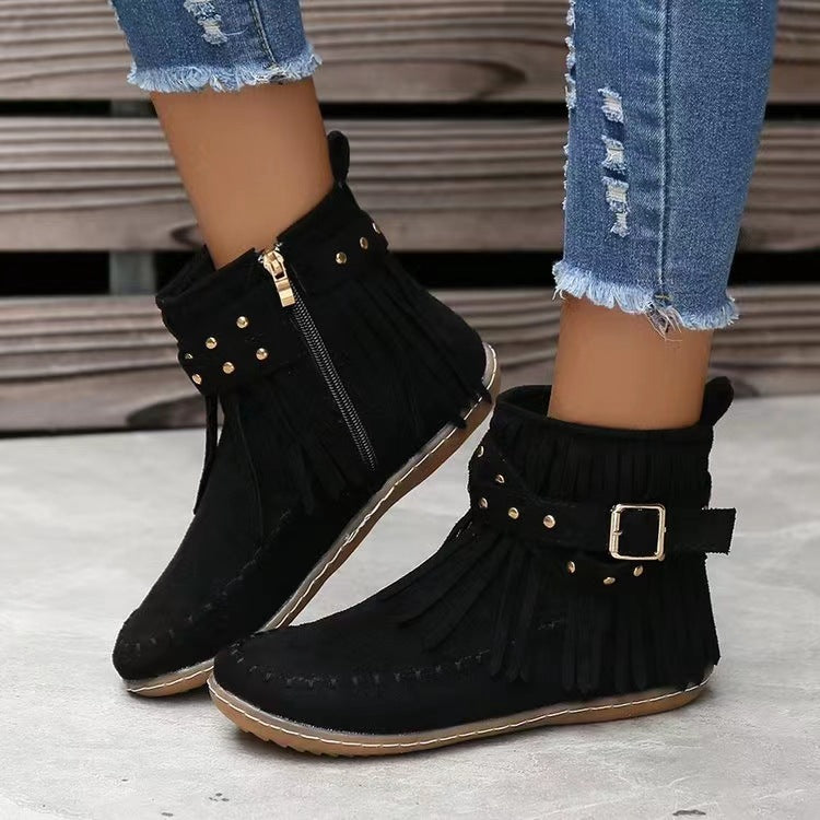 Winter Boots for Women - Retro Ankle Boots with Rivet Tassel and Flat