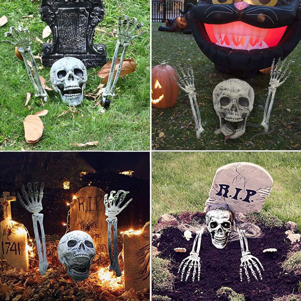 💀Halloween Skeleton Arms Stakes And Skeleton head Led Decorations-Adjusted Wrist,Waterproof ,LED with 8 Lighting Modes