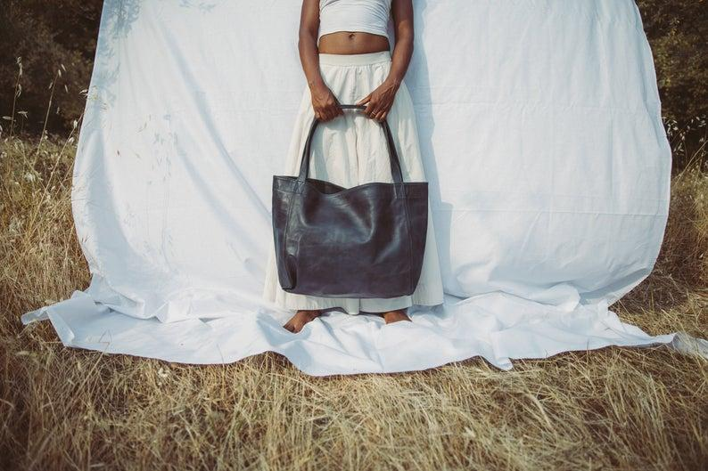 Women's Large Soft Leather Tote Bag With Pocket