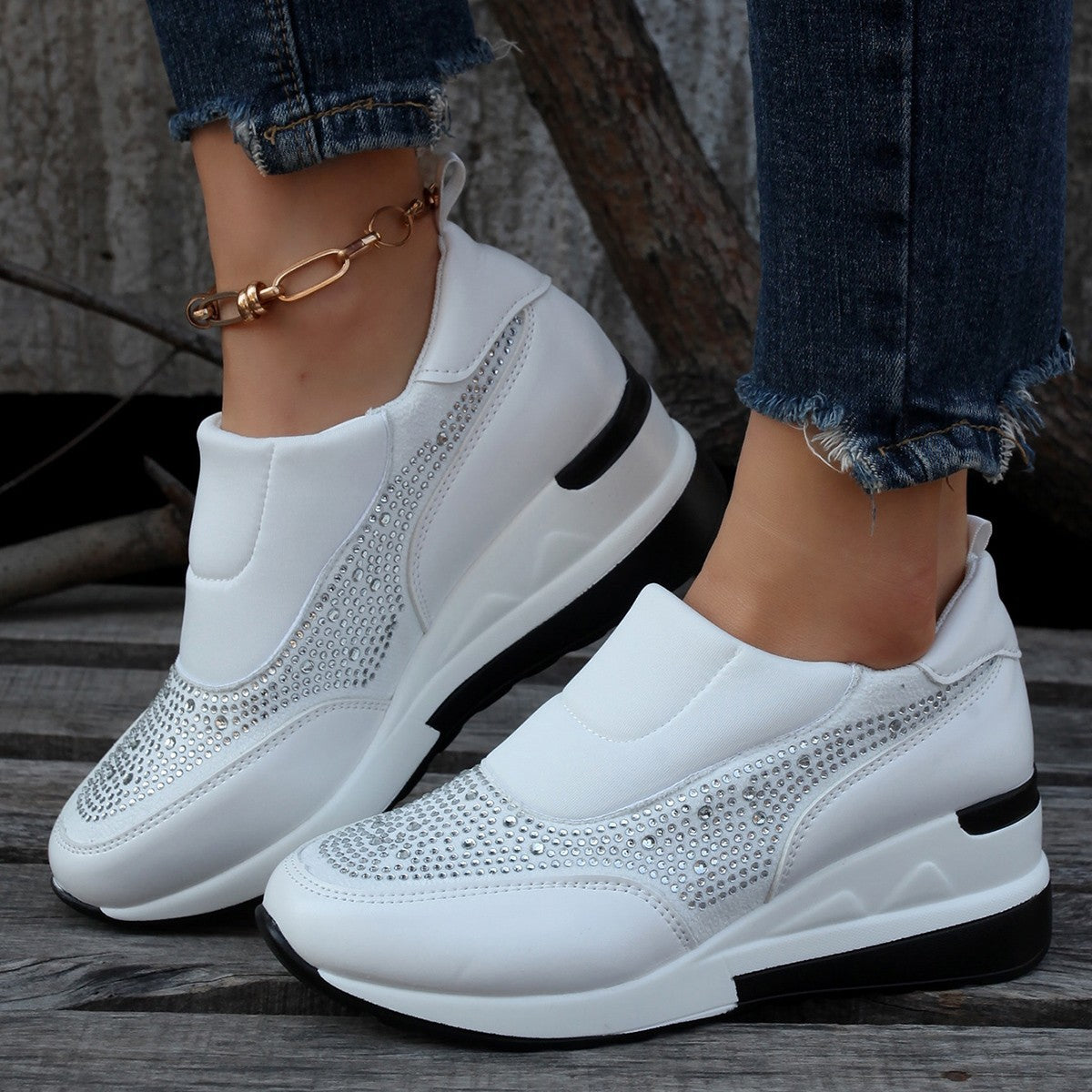 New Rhinestone-Embellished Mesh Wedge High Heel Women's Shoes