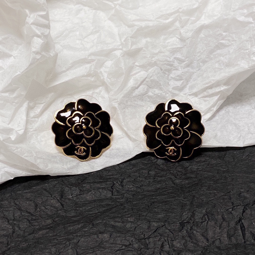 Chanel Black and White Camellia Earrings
