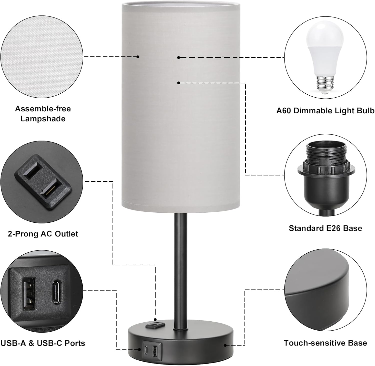 Bedside Table Lamp for Bedroom - 3 Way Dimmable Touch Lamp USB C Charging Ports and AC Outlet, Small Lamp Wood Base Round Flaxen Fabric Shade for Living Room, Desk, LED Bulb Included