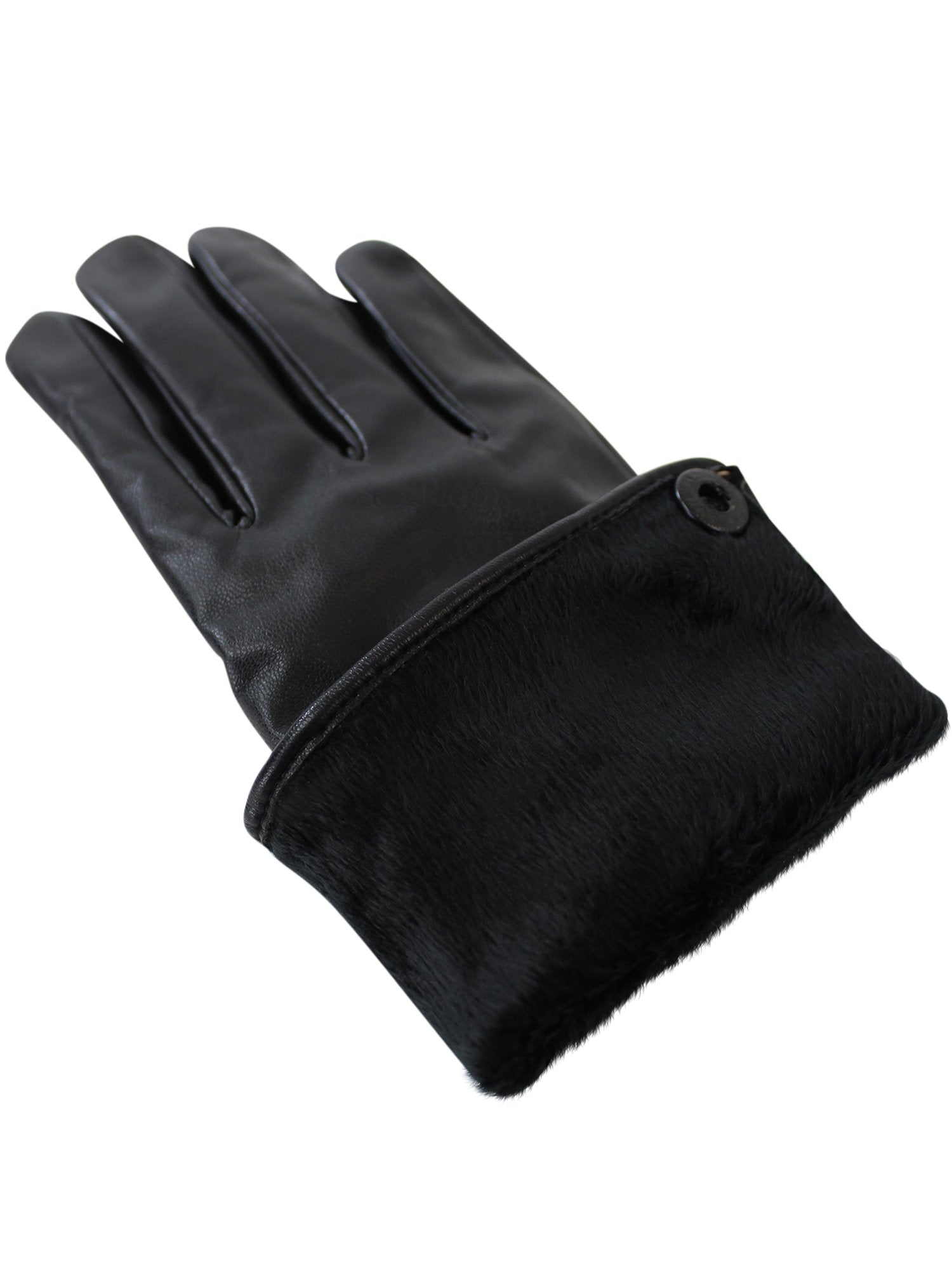 Black Vegan Leather Gloves With Leopard Print Accent