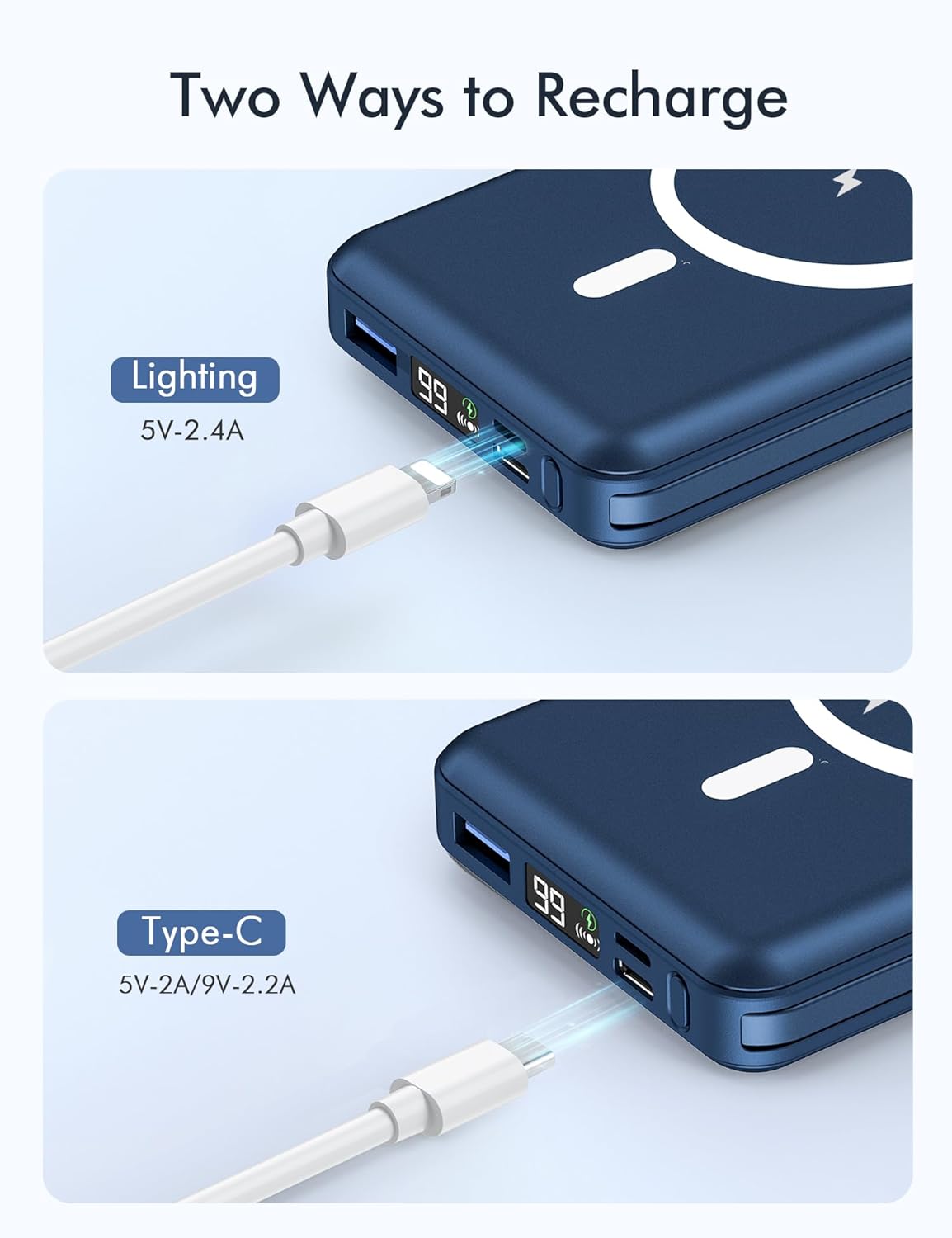 podoru Wireless Portable Charger, 10000mAh Magnetic Power Bank Built-in USB-C Lighting Cables 22.5W PD Fast Charging LED Display Mag-Safe Battery Pack for iPhone 15/14/13/12/Mini/Pro/Pro Max - White