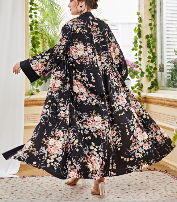 Plus Size Cardigan Coat Color Printing Artistic Long Sleeve Elegant Chiffon Women