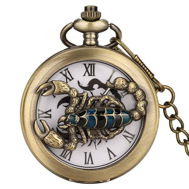 Bronze Half Hunter Roman Numerals Analog Quartz Pocket Watch for Men Women Hollow-out Scorpion Design Sweater FOB Chain Gift