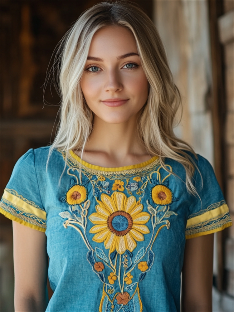 Ukrainian Ethnic Sunflower Floral Embroidery Lace Hem T Shirt