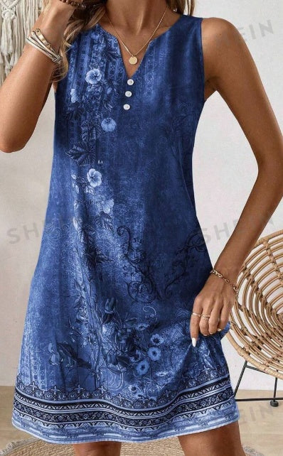 Women's Summer Floral Print Sleeveless V-Neck Loose Slit Dress