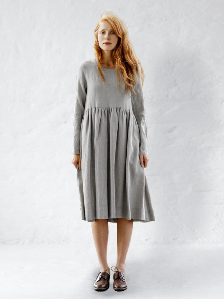Pleated Wide Skirt Linen Midi Dress