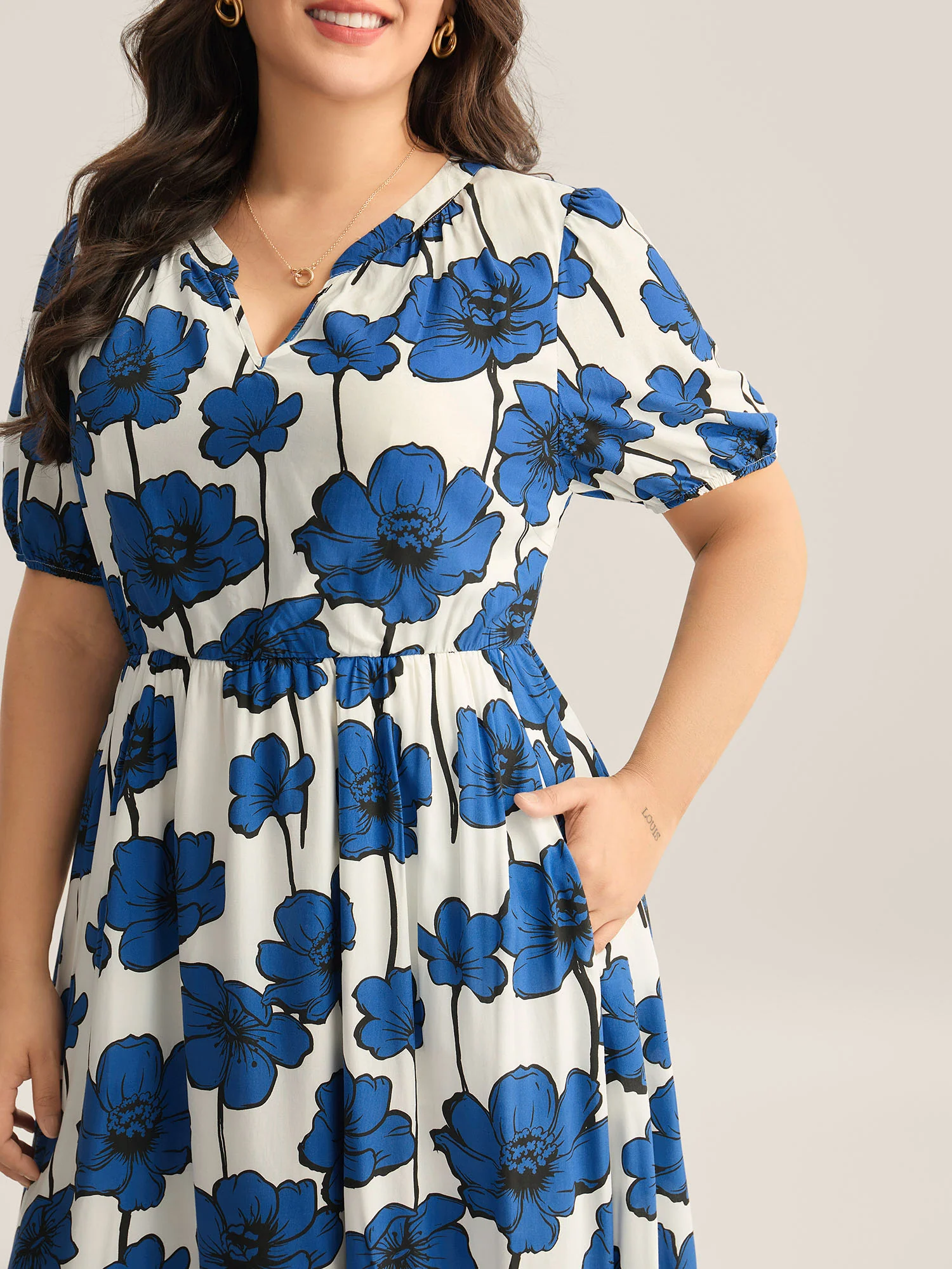 Large Floral Print Notched Collar Midi Dress