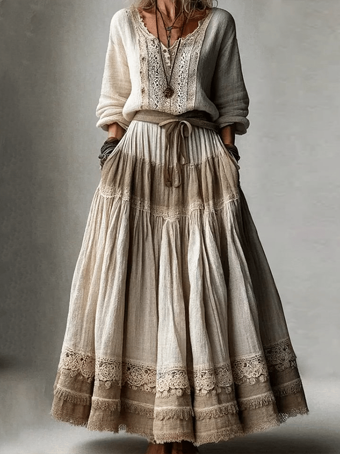 Women's V-Neck Long-Sleeved Lace Patchwork Cotton And Linen Shirt