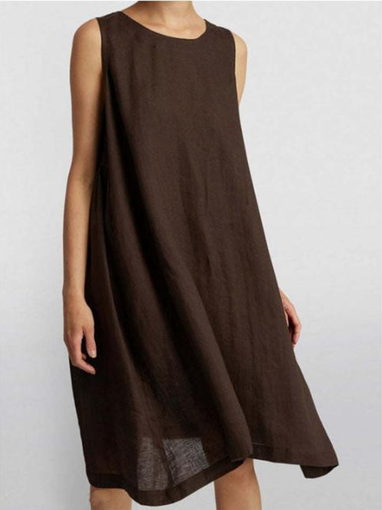 Solid Round Neck Sleeveless A Line Midi Dress