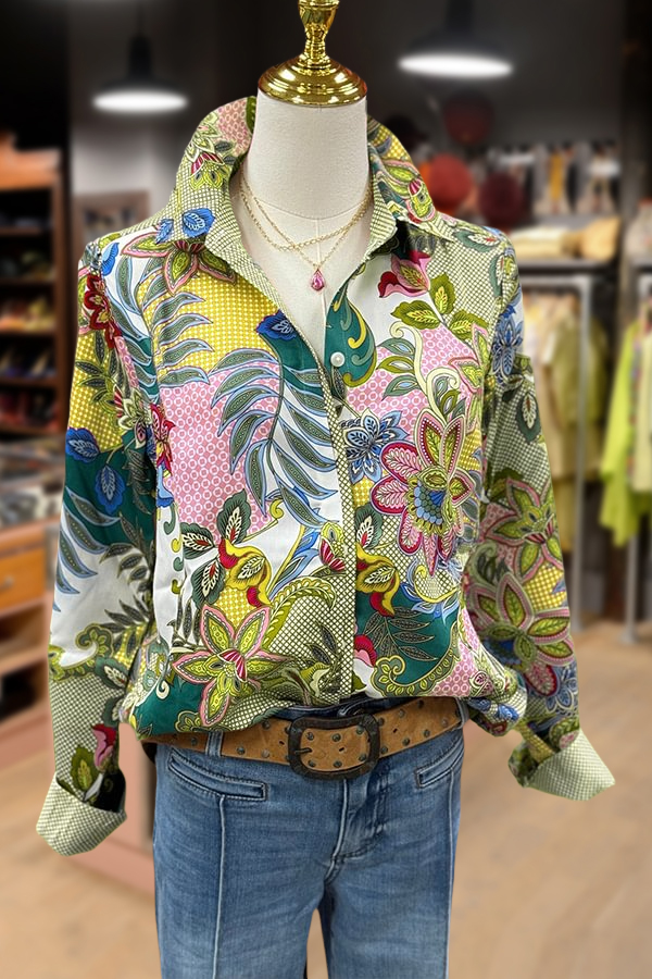Multi Floral Print Collared Long Sleeve Blouse