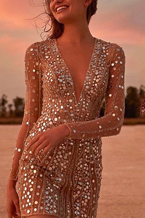 Heididress V Neck Mesh Sequin Mini Club Dress