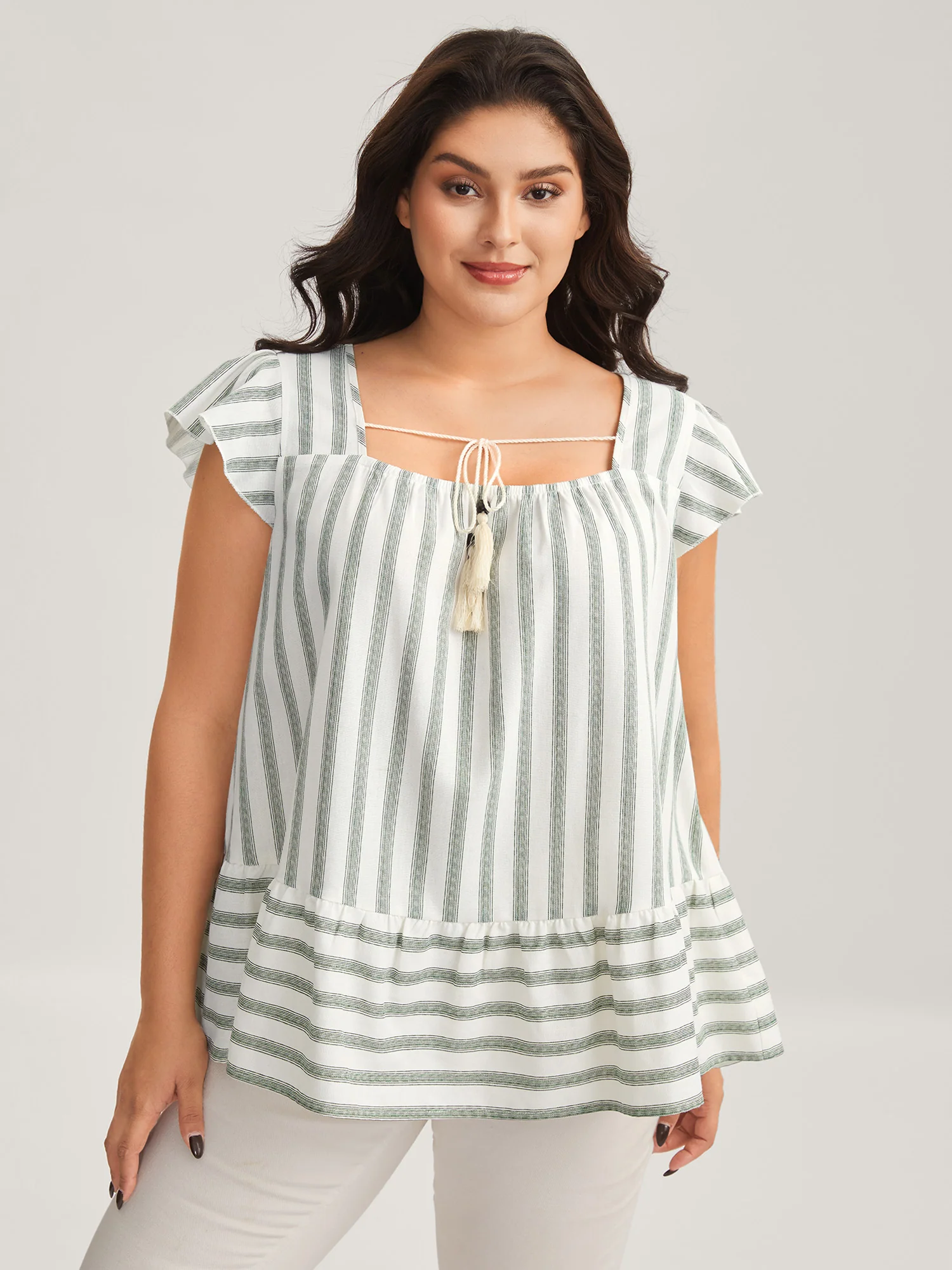 Classic Stripes Square Neck Tassels Blouse
