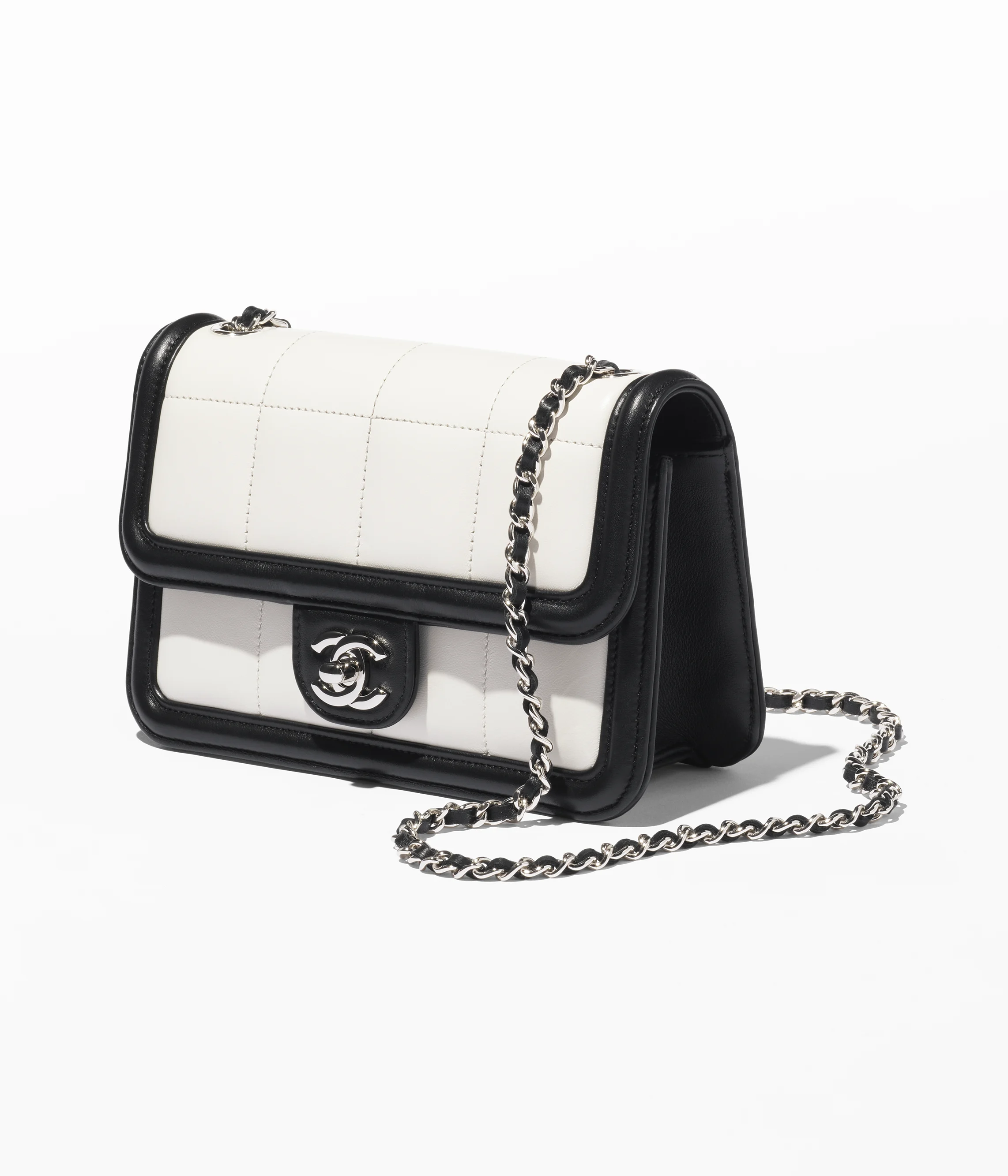 Chanel Mini Flap Bag Lambskin, Calfskin & Silver-Tone Metal Black & White AS5249-B18756-NACUV