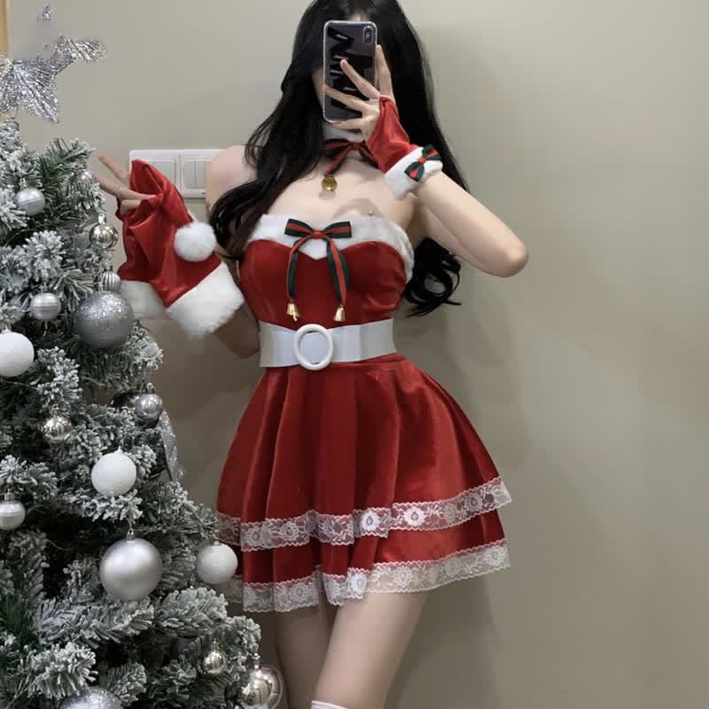 Off The Shoulder Lace Bleted Dress With Christmas Hat