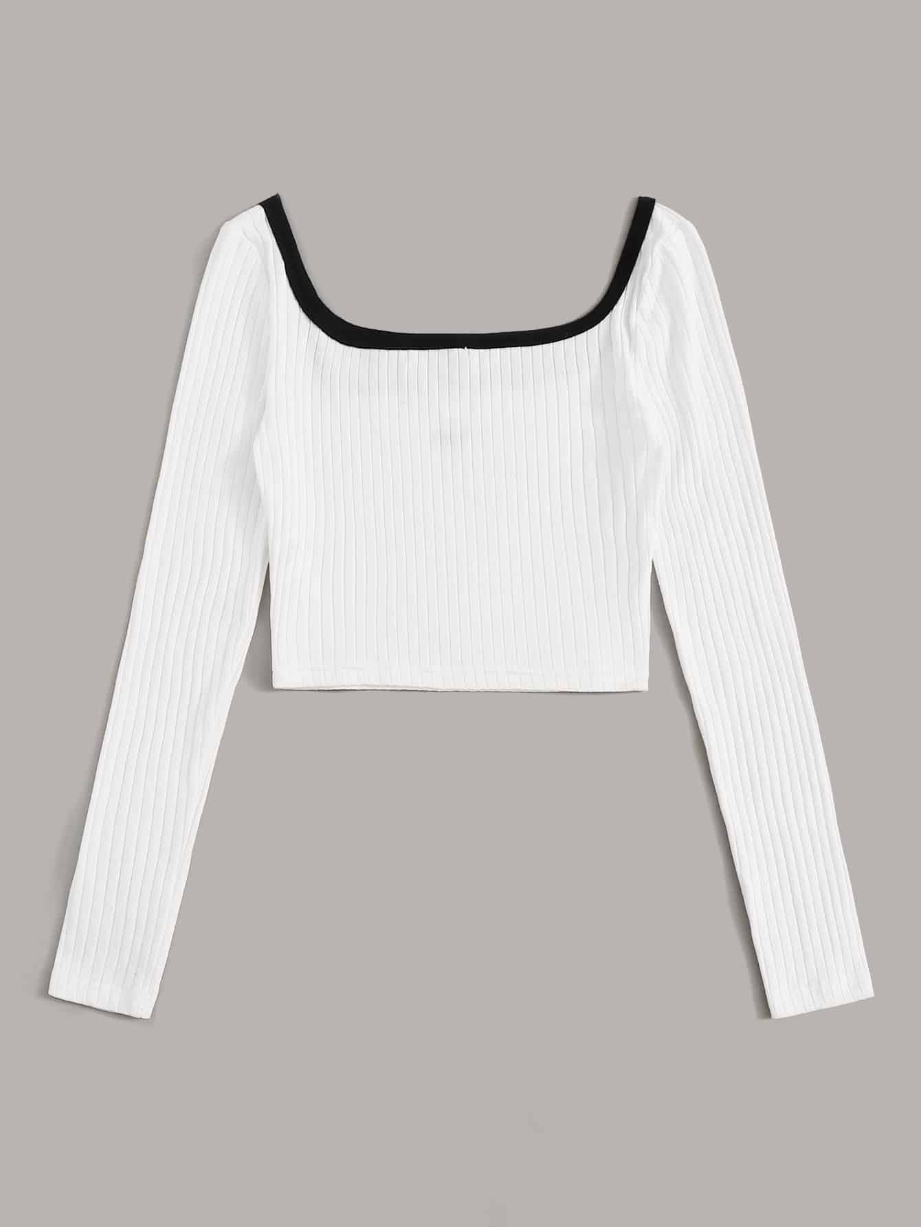 SHEIN Contrast Trim Embroidered Letter Rib-knit Top