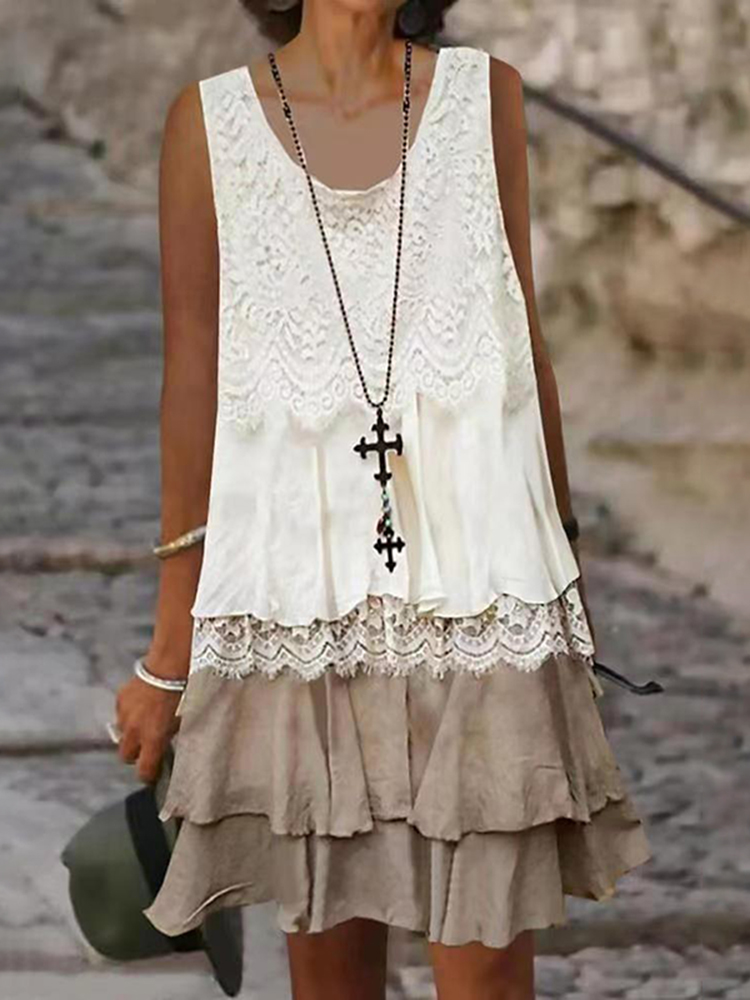 Vintage layered Lace Sleeveless Midi Dress