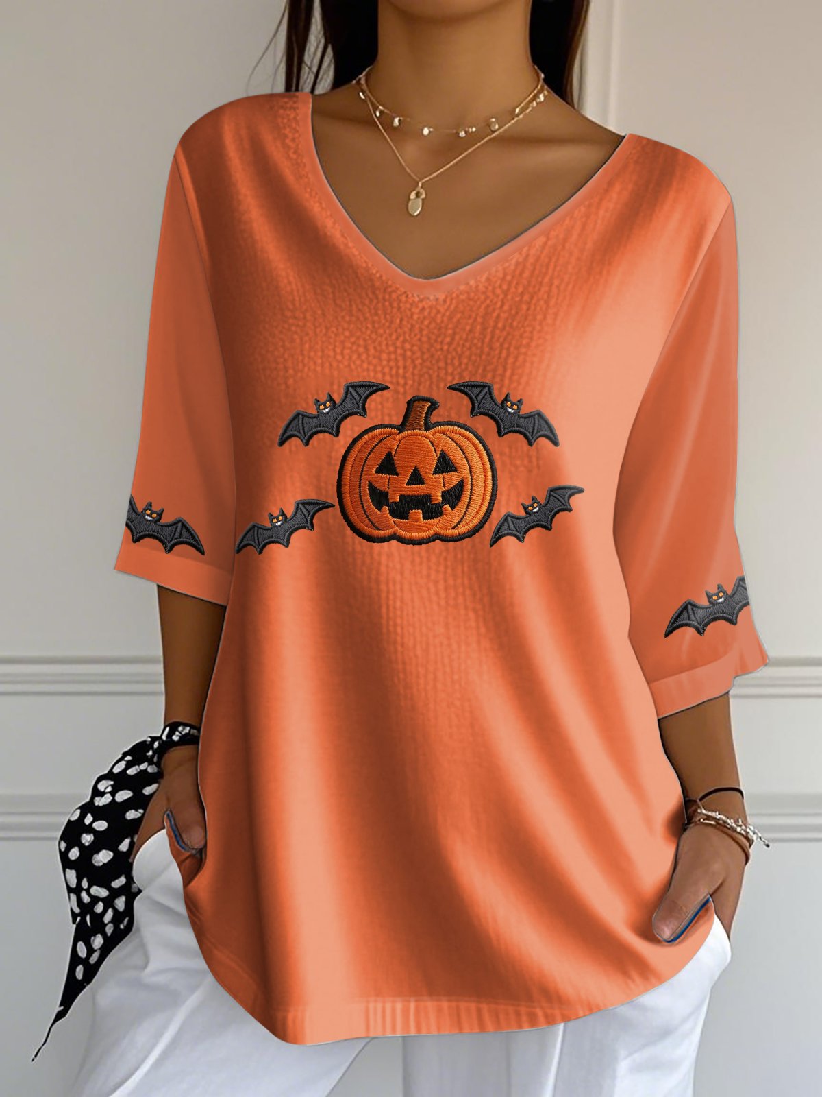 🔥Buy 3 Get 10% Off🔥Women's Pumpkin Embroidery Print Casual Round Neck Three-quarter Sleeves