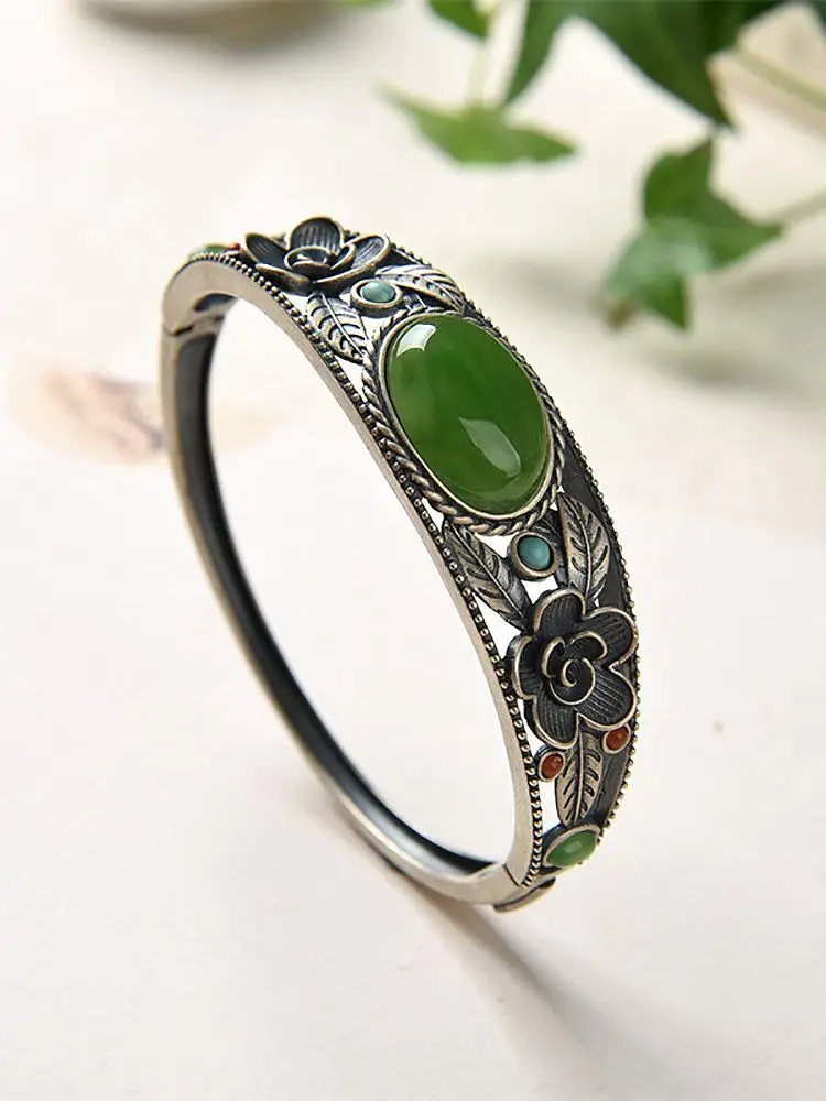 Natural Hotan Jade Luxury Women's Bracelets Bangles Red Agate Turquoise Carved Flowers Vintage New In Bracelets Punk Jewelry