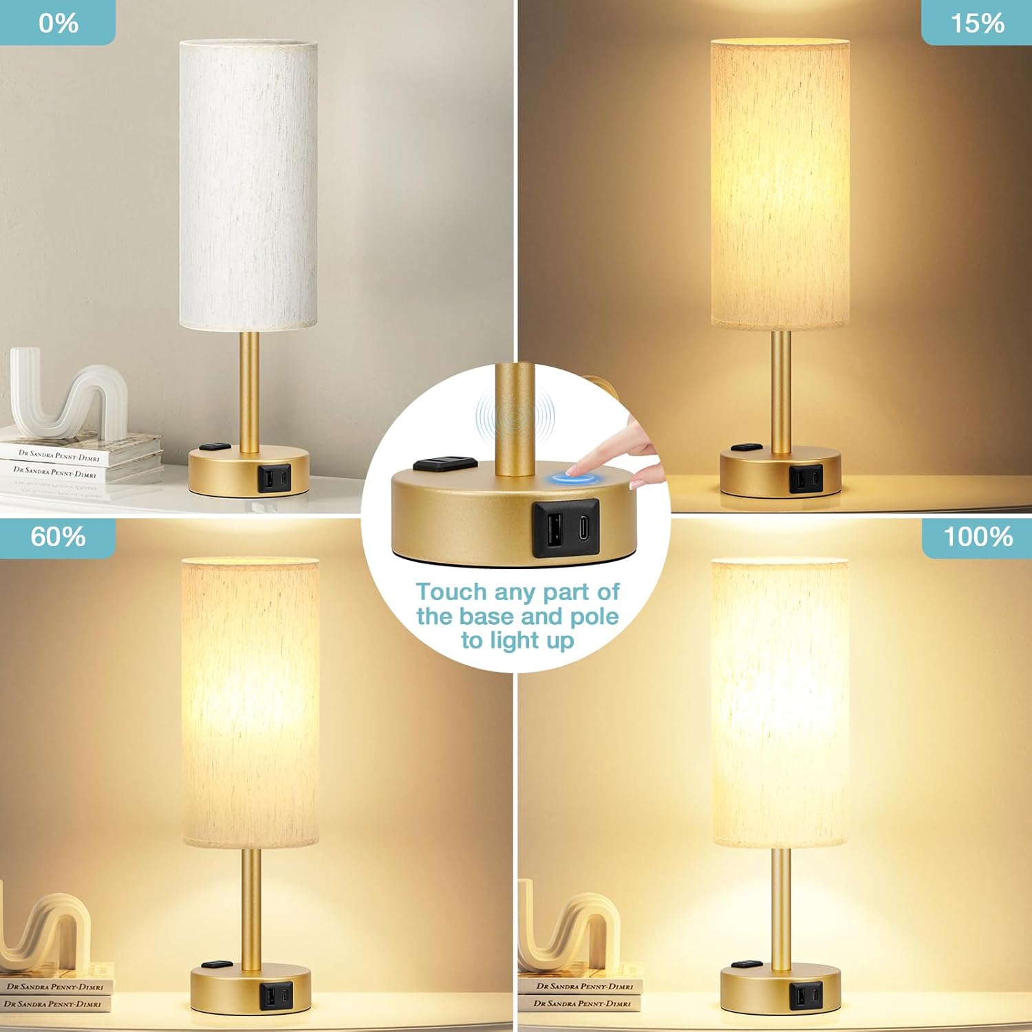 Bedside Table Lamp for Bedroom - 3 Way Dimmable Touch Lamp USB C Charging Ports and AC Outlet, Small Lamp Wood Base Round Flaxen Fabric Shade for Living Room, Desk, LED Bulb Included