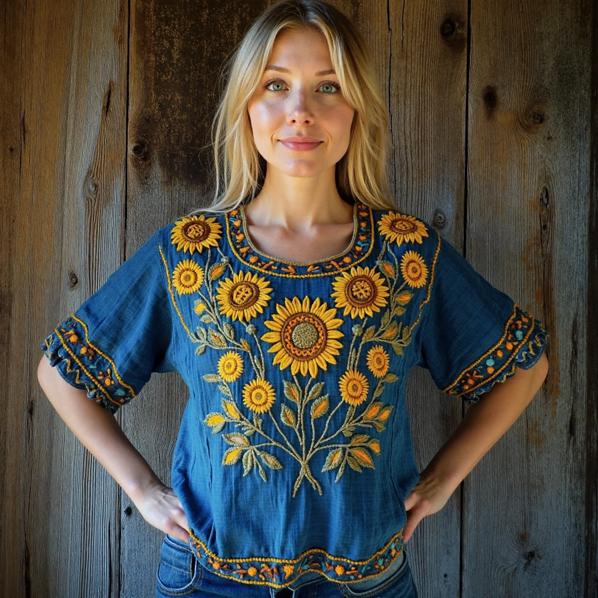 Vintage Sunflower Folk Floral Linen T-shirt
