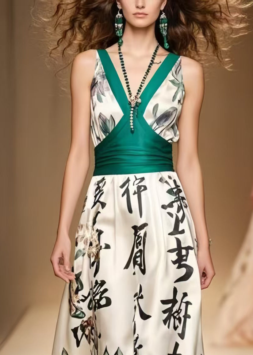 Modern White Print Patchwork Silk Ankle Dress Sleeveless