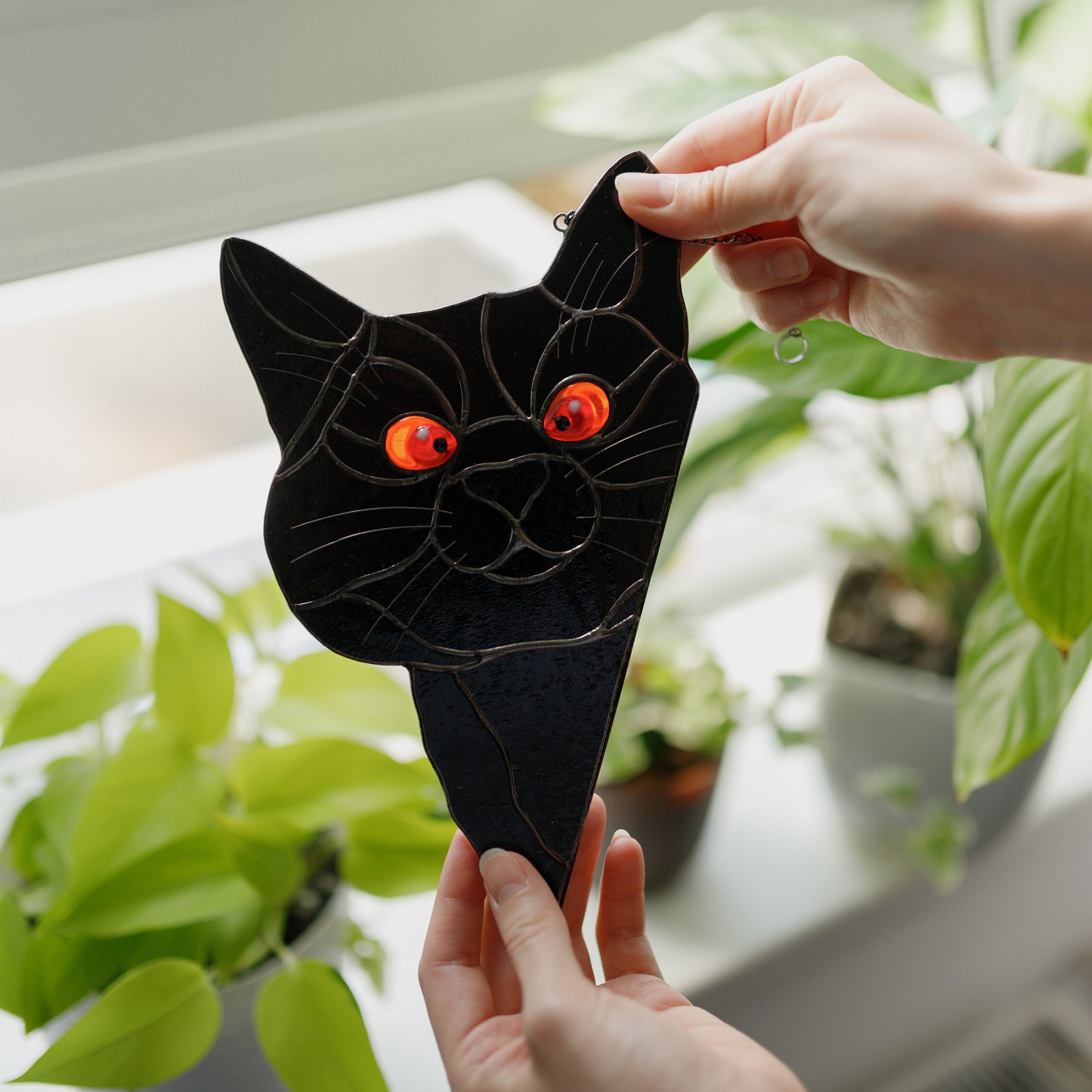Spooky Season Gift for Cat Lover-Stained Glass Black Cat Suncatcher