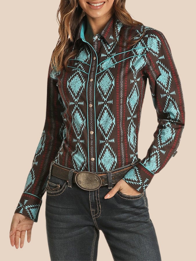 Women's Vintage Western Art Print Casual Linen Shirt