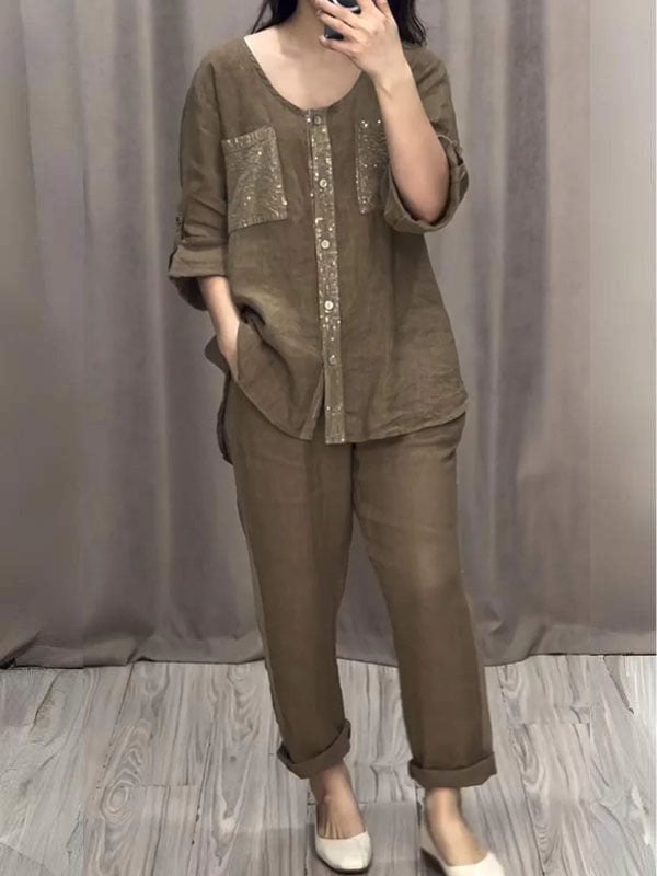 Sequined Round Neck Mid-sleeve Two-piece Suit (Buy 2 Sets Free Shipping)