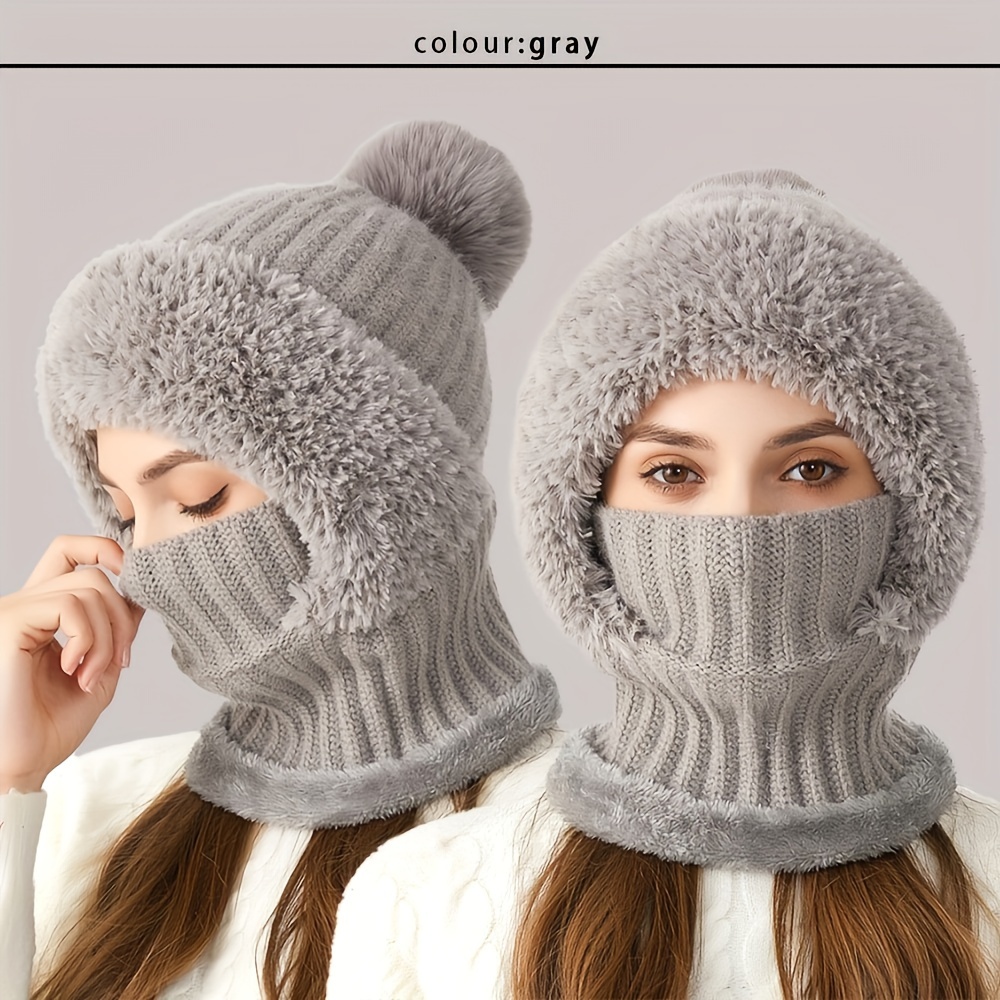 Warm Fleece Lined Knit Hat - Windproof, Thermal Insulation, Earflap Protection, Hooded Neck Gaiter, Breathable