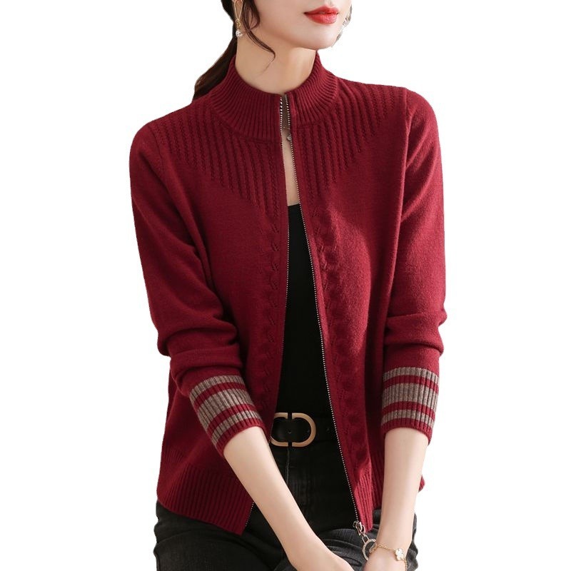 Women's Stand Collar Wool Cardigan Coat with Zipper