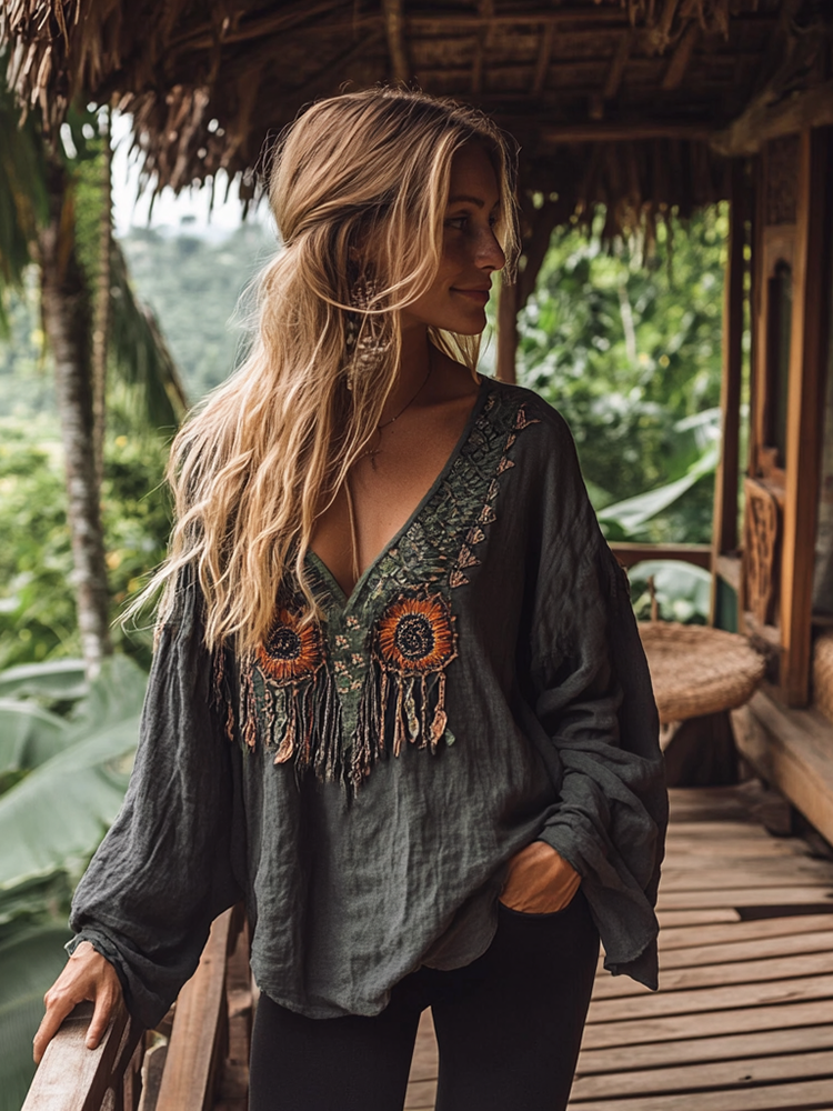 Boho Sunflower Tribal Embroidery Print Cotton And Linen Blend Loose Blouse