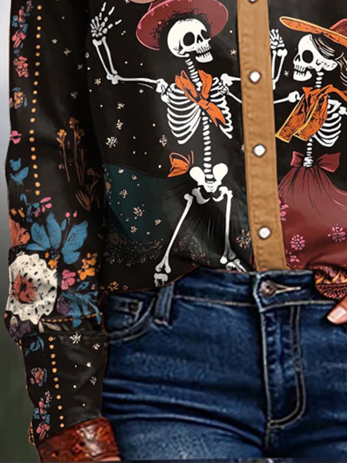 Women's Vintage Western Art Print Casual Linen Blouse