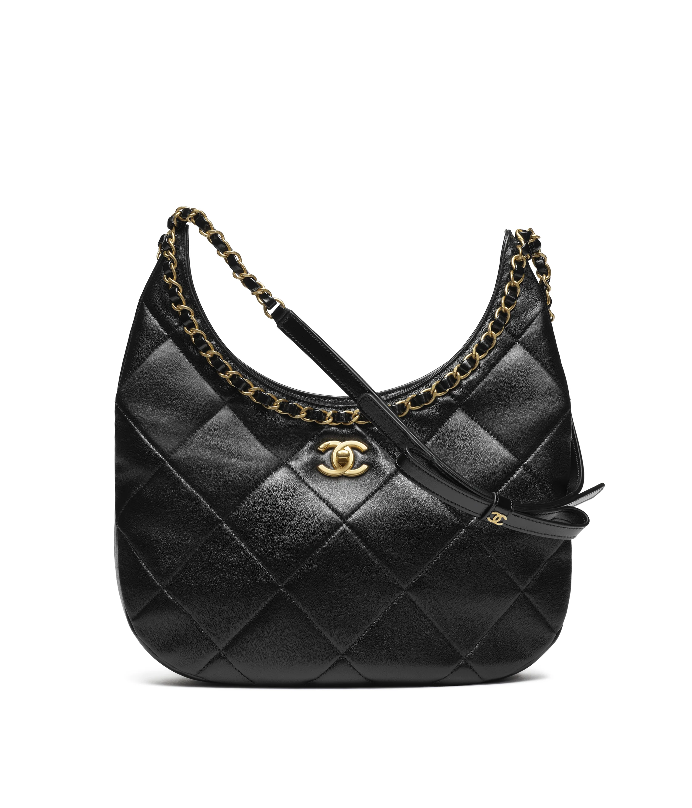 CHANEL Hobo Handbag Shiny Lambskin & Gold-Tone Metal Black AS5419-B19643-94305