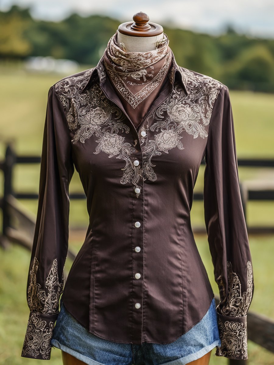 Women's Vintage Brown Floral Western Long Sleeve Shirt