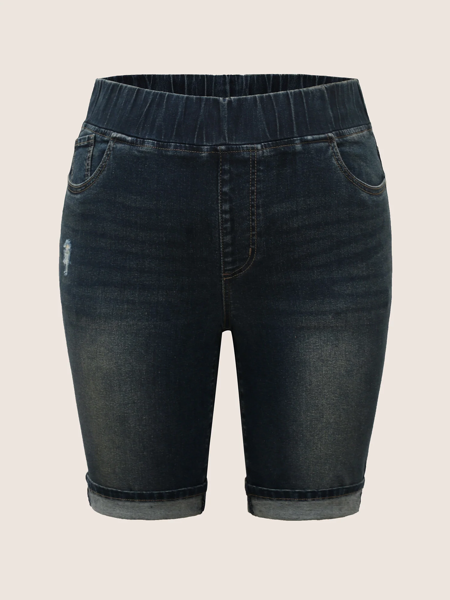 Dark Wash Distressed Roll Hem Denim Shorts