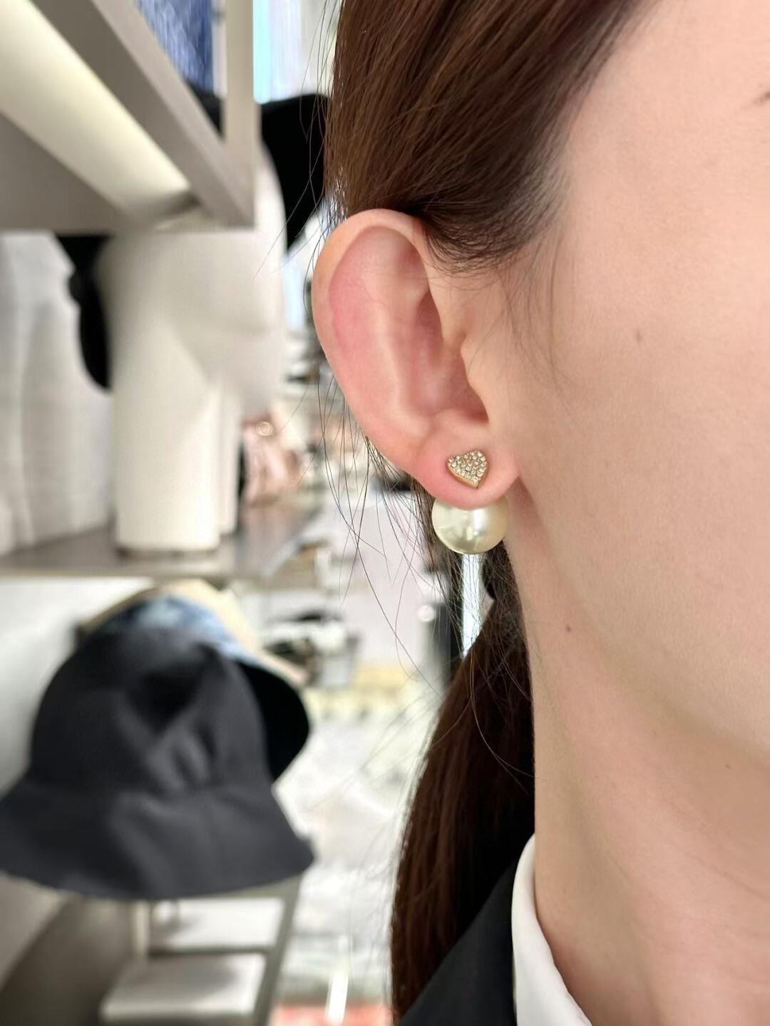 Dior full diamond heart pearl earrings