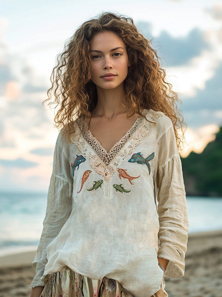 Retro Shoal Of Fish Embroidery Print Linen Blend Loose Blouse