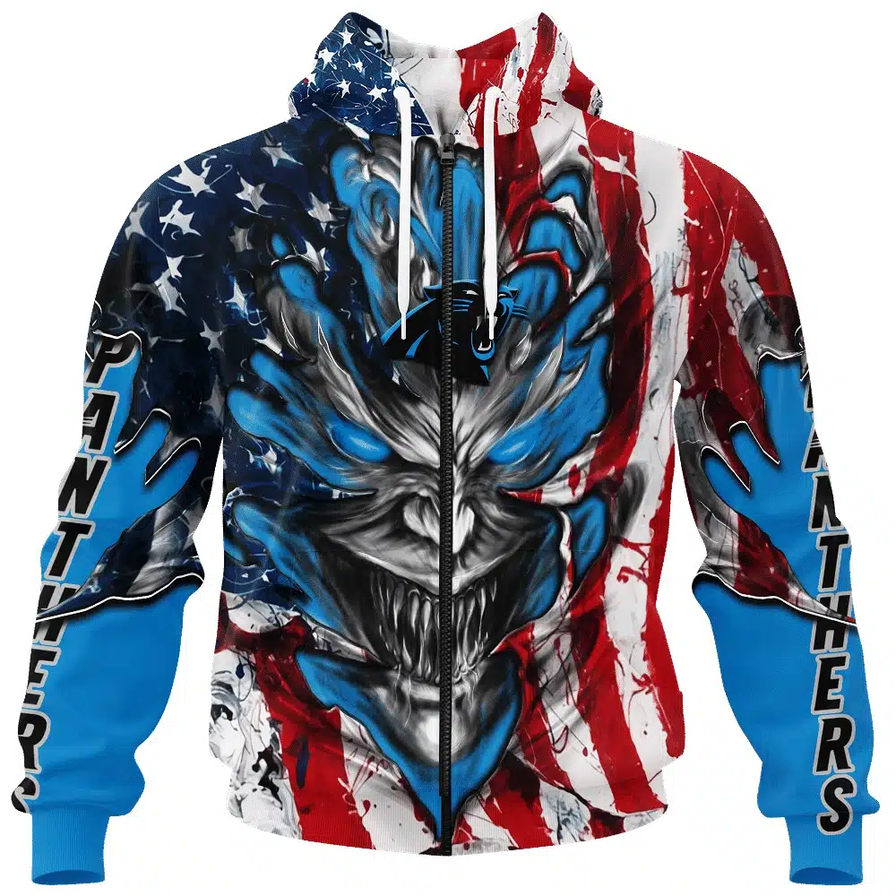 CAROLINA PANTHERS DEMON FACE AMERICAN FLAG-3D UNISEX HOODIE
