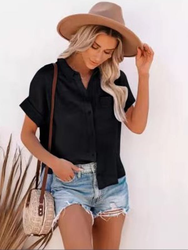 Women's cotton linen short sleeves ladies lapel buttoned shirt