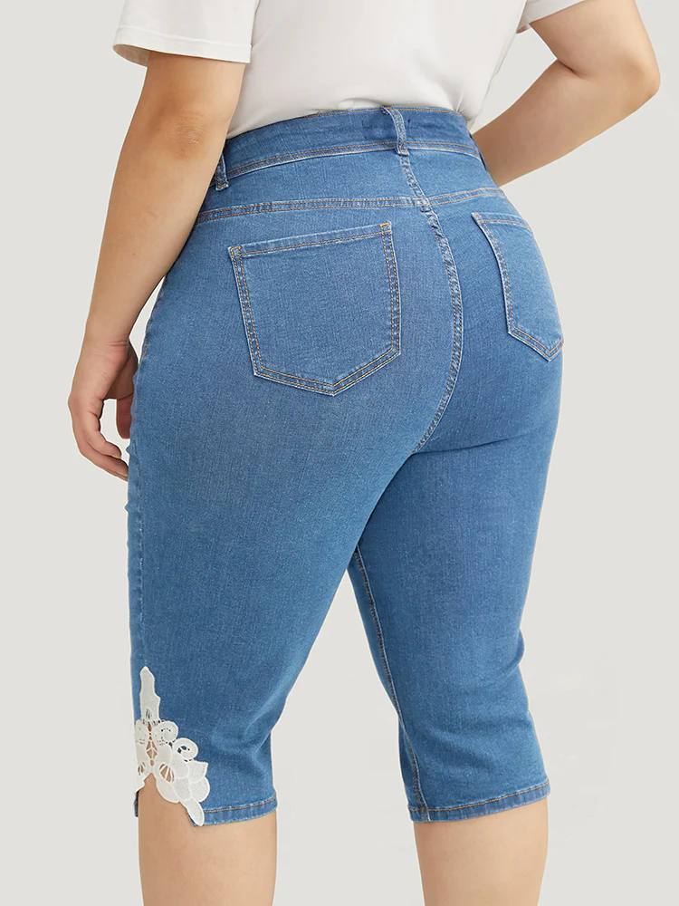 Very Stretchy High Rise Medium Wash Guipure Lace Knee Denim Shorts