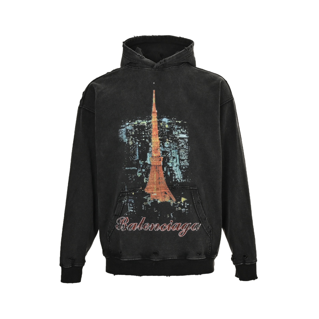 Balenciaga 24Fw Tokyo Tower damaged washed distressed hooded sweatshirt