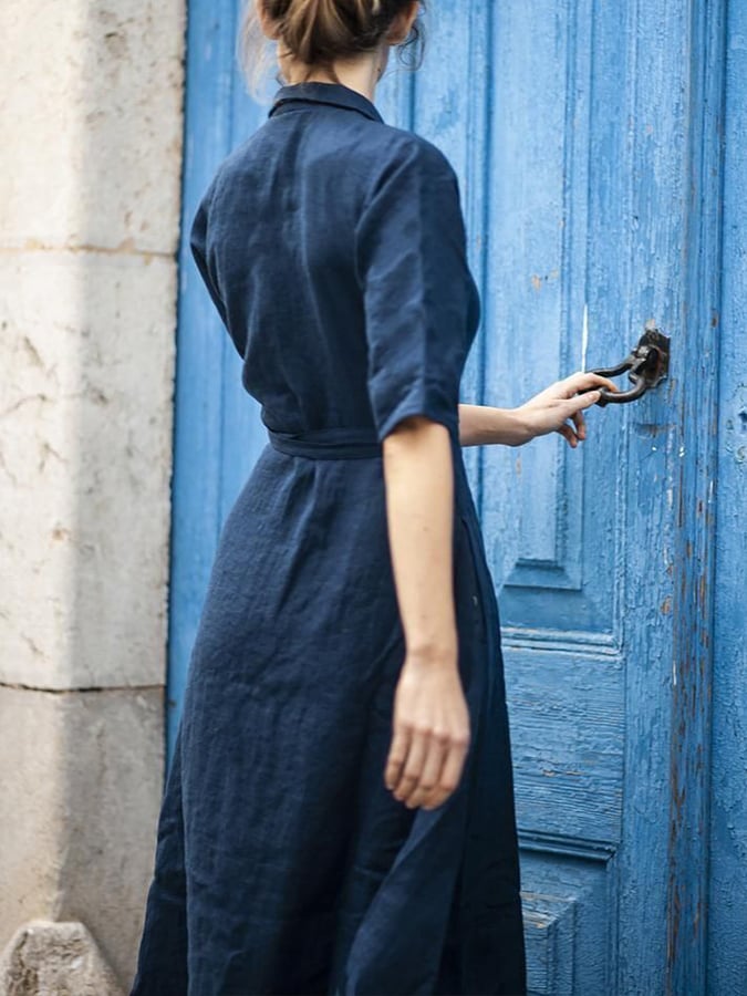 Women's Cotton Linen Belted Lapel Dress
